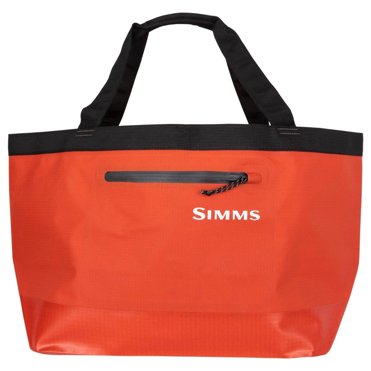Bright orange Simms tote bag with black handles, front zipper pocket, and reinforced base. “SIMMS” printed in white on the front below the zipper.