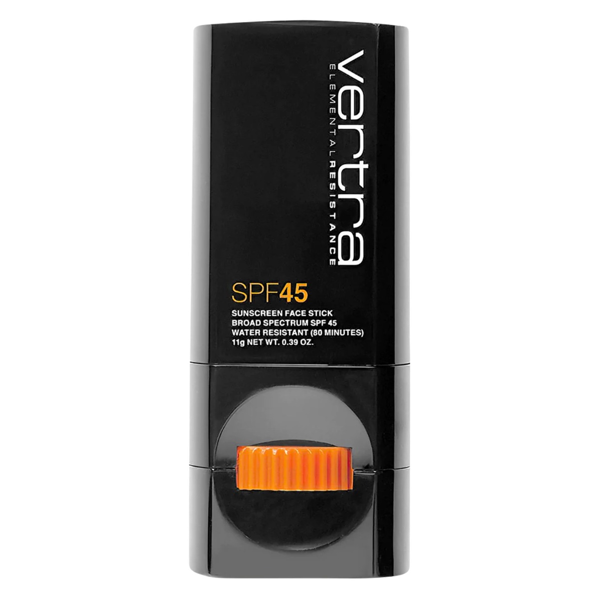Black Vertra sunscreen face stick with vertical “Vertra” logo and orange twist dial. Labeled SPF 45, broad spectrum, water resistant 80 minutes, net weight 11g / 0.39 oz.