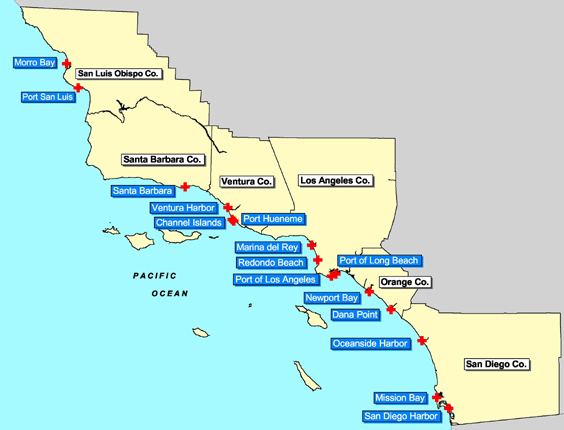 Southern California Bays and Harbors Map with points of interest from Morro bay down to San Diego Harbor.