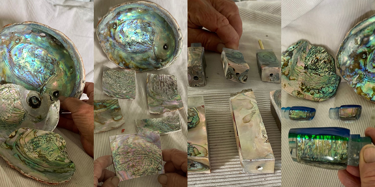Abalone Shell Jewelry Baits Sequence showing abalone shells cut into iridescent pieces, shaped into rectangular shell blocks, and finished as glossy resin baits with embedded shell patterns. A hand holds the final green-blue bait piece.