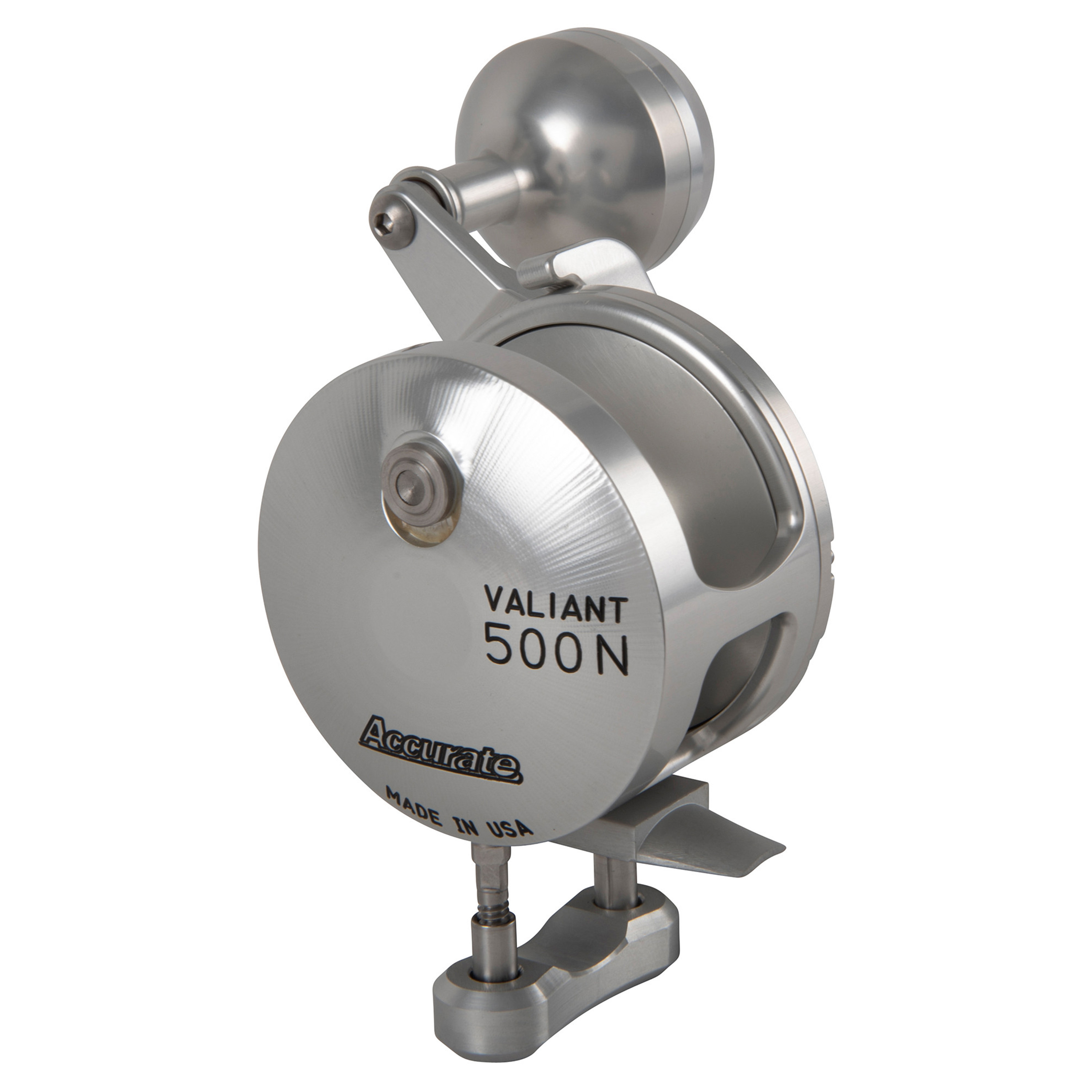Accurate Valiant 500N-SPJ two-speed reel with compact silver anodized body, large round side plate labeled &ldquo;VALIANT 500N Accurate MADE IN USA,&rdquo; open spool frame, ergonomic silver handle knob, and narrow profile for slow pitch jigging.
