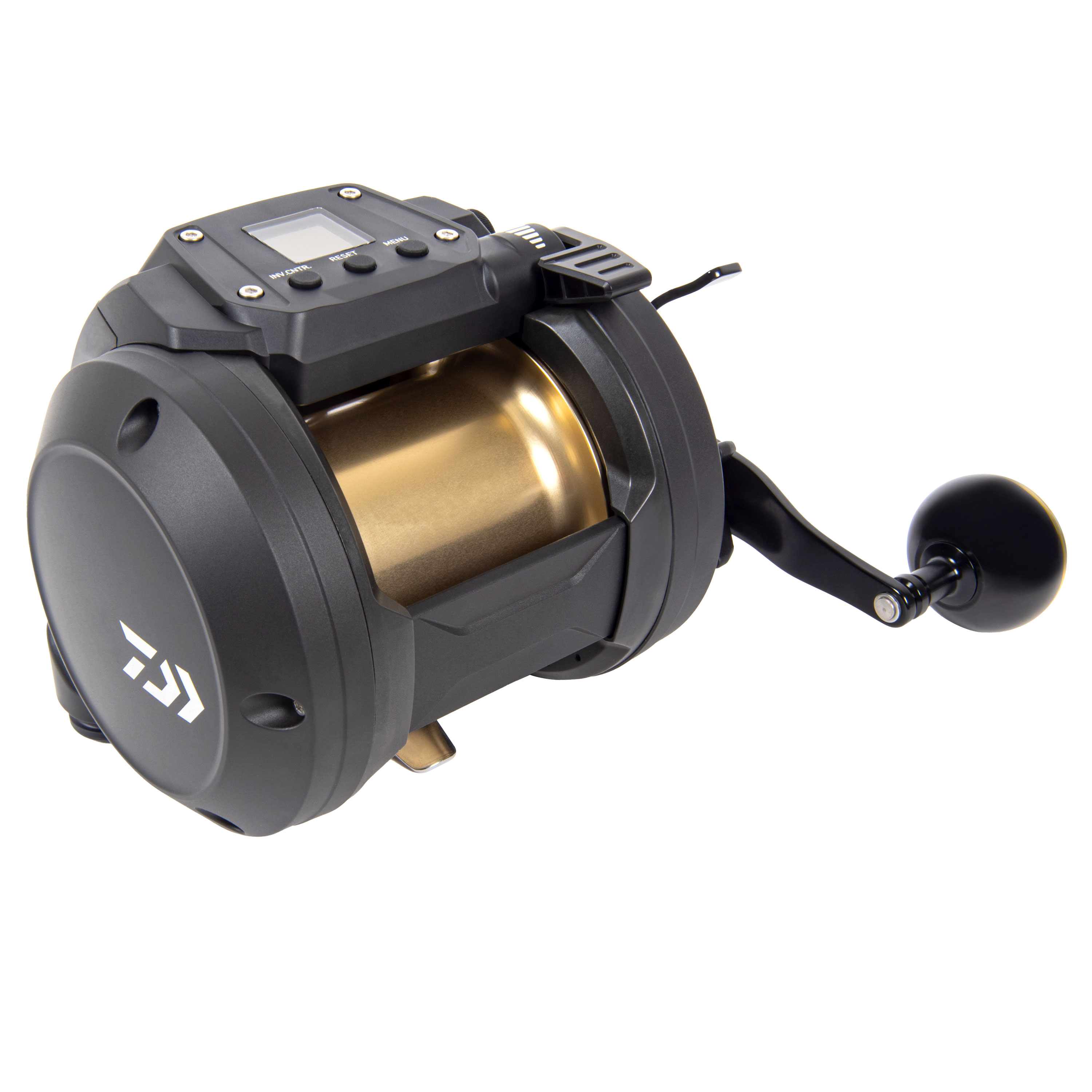 Daiwa Tanacom 800 power assist electric reel with matte black housing, gold spool, integrated display with control buttons, black round power handle, side Daiwa logo, and cable port on top for battery connection during deep drop fishing.