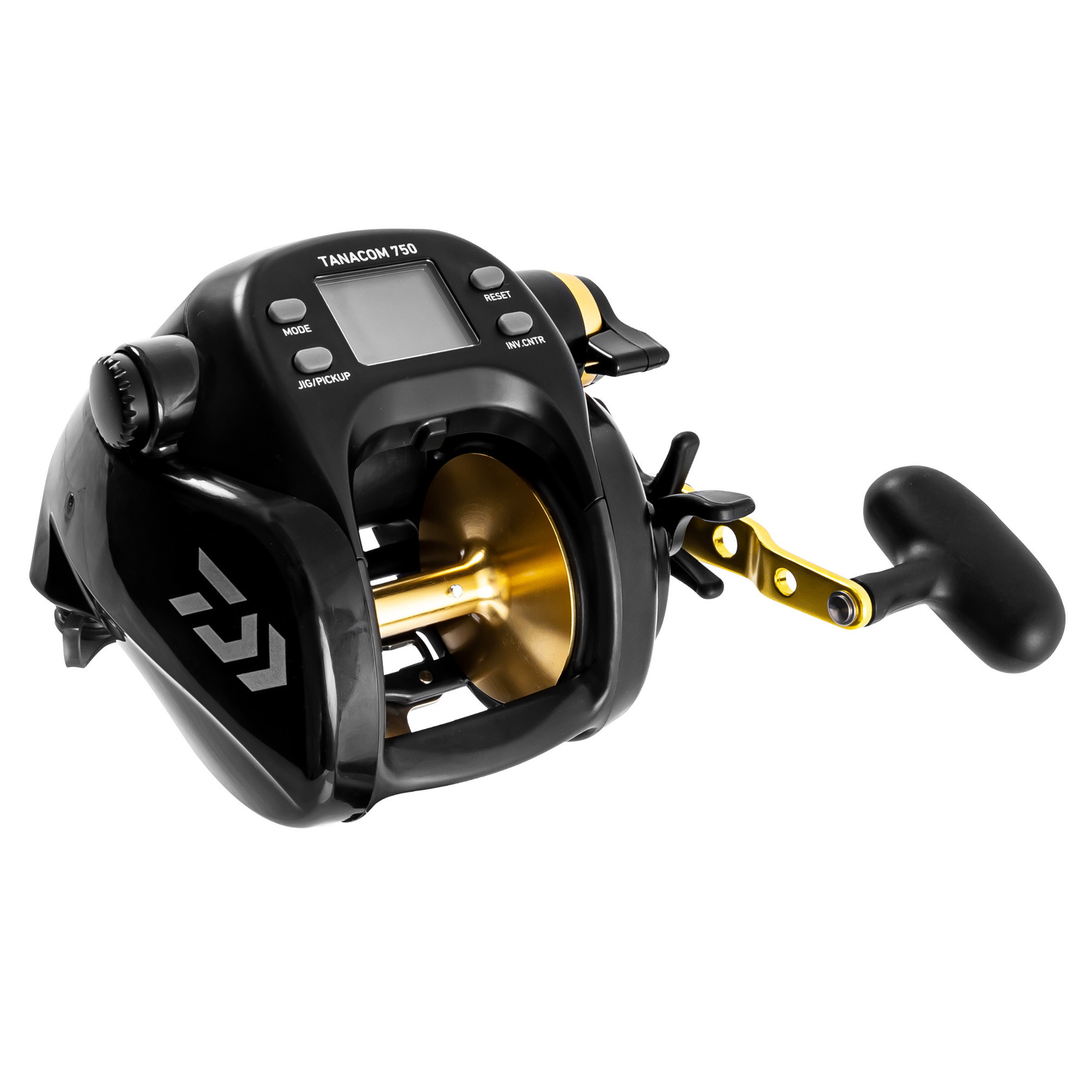 Daiwa Tanacom 750 power assist electric reel with black body, gold spool and handle arm, large digital display, labeled buttons for mode, reset, jig/pickup, and inverse counter, with a T-shaped power handle and side Daiwa logo in silver.