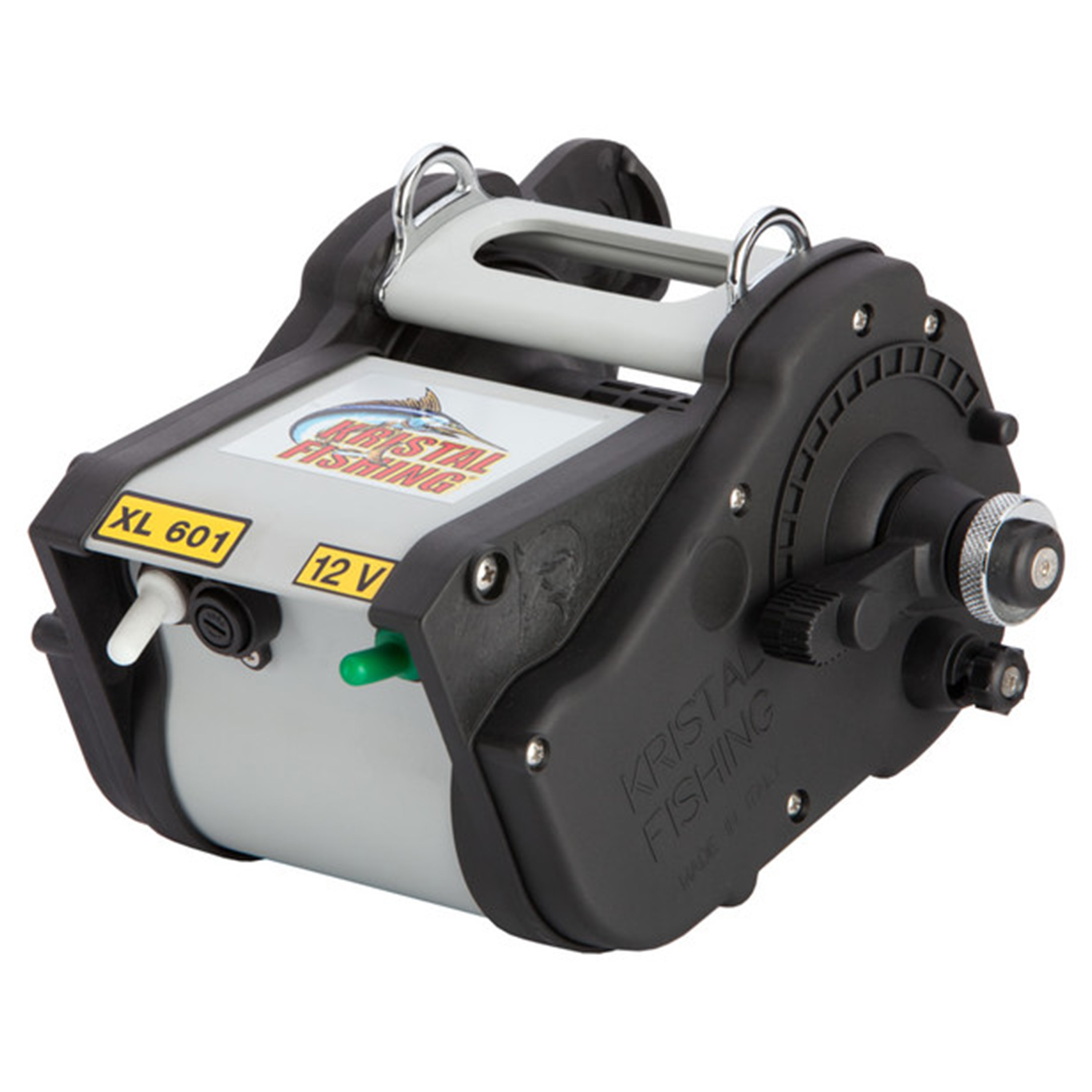 Kristal Fishing XL 601 electric reel with rectangular body, black and white casing, built-in handle, labeled &ldquo;XL 601&rdquo; and &ldquo;12V&rdquo; on front panel, power switch, green lever, side knob, and &ldquo;KRISTAL FISHING MADE IN ITALY&rdquo; molded into the housing.