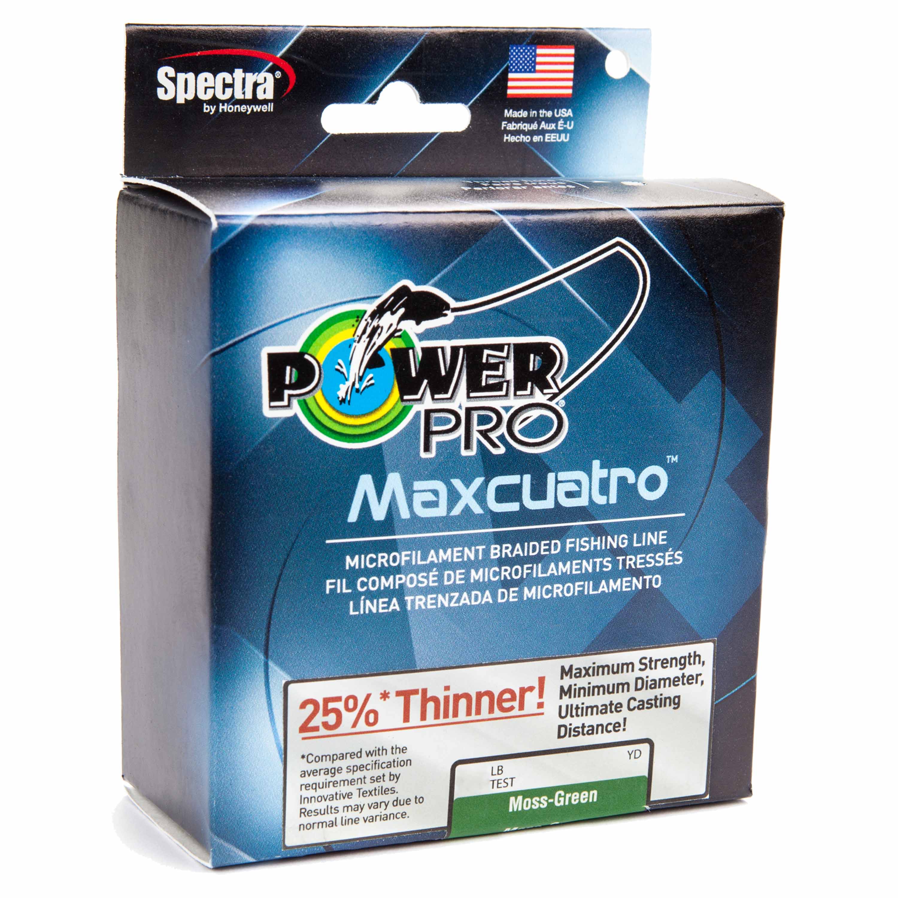 Box of PowerPro Maxcuatro microfilament braided fishing line in moss green. Packaging reads &ldquo;25% Thinner!&rdquo; and &ldquo;Maximum Strength, Minimum Diameter, Ultimate Casting Distance&rdquo; with USA flag icon.