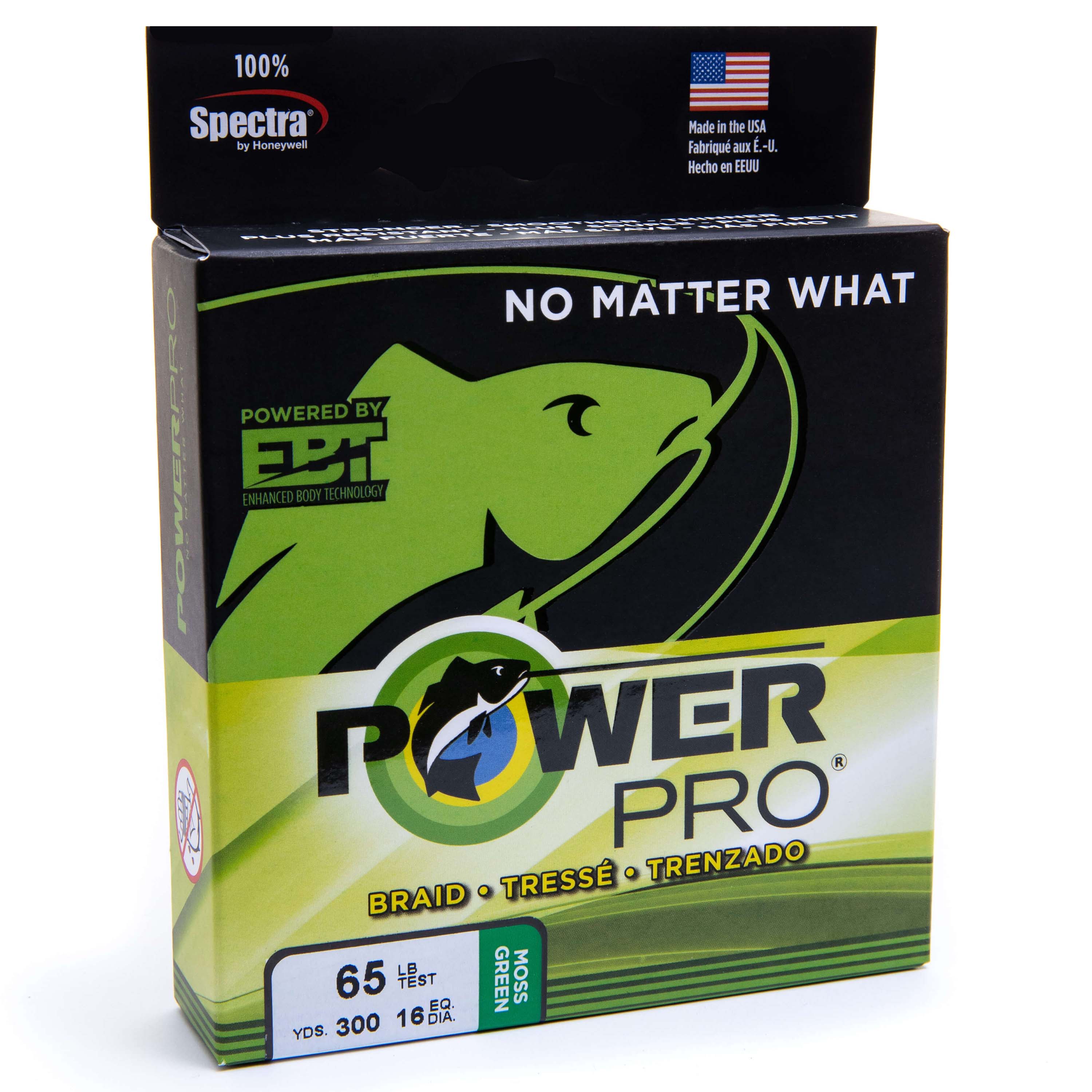 Box of PowerPro braided fishing line in moss green, labeled &ldquo;65 lb test, 300 yds, 16 lb dia.&rdquo; Packaging shows a green fish graphic, &ldquo;NO MATTER WHAT,&rdquo; and &ldquo;Powered by EBT&rdquo; with USA flag icon.