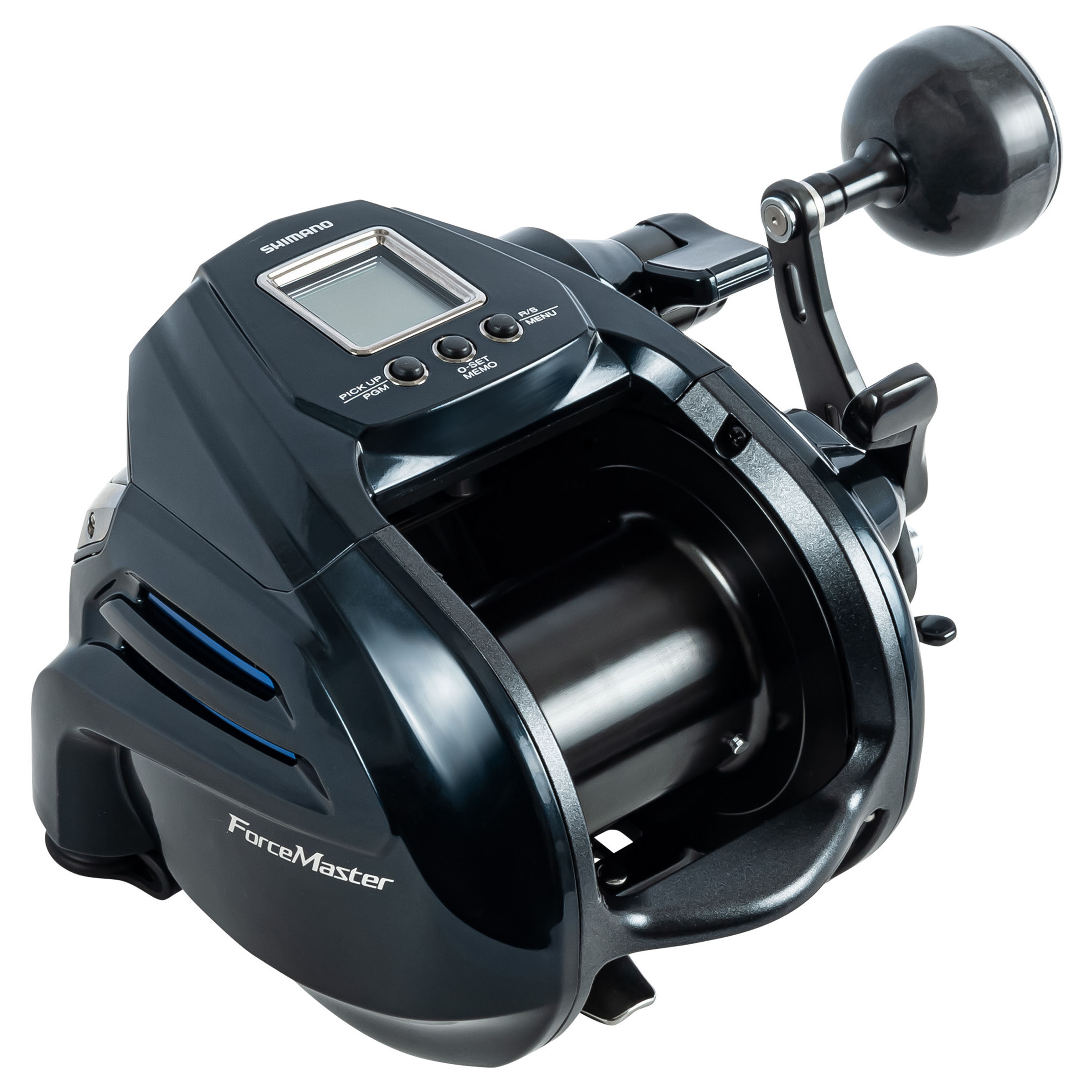 Shimano Forcemaster A 9000 electric reel with glossy black body, large line spool, round black power handle, digital LCD display with four control buttons, labeled &ldquo;ForceMaster&rdquo; on the side, designed for deep drop and high-capacity saltwater fishing.