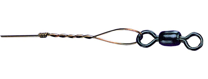 Close-up of a haywire twist connection with single-strand wire formed into a loop, attached to a black barrel swivel.