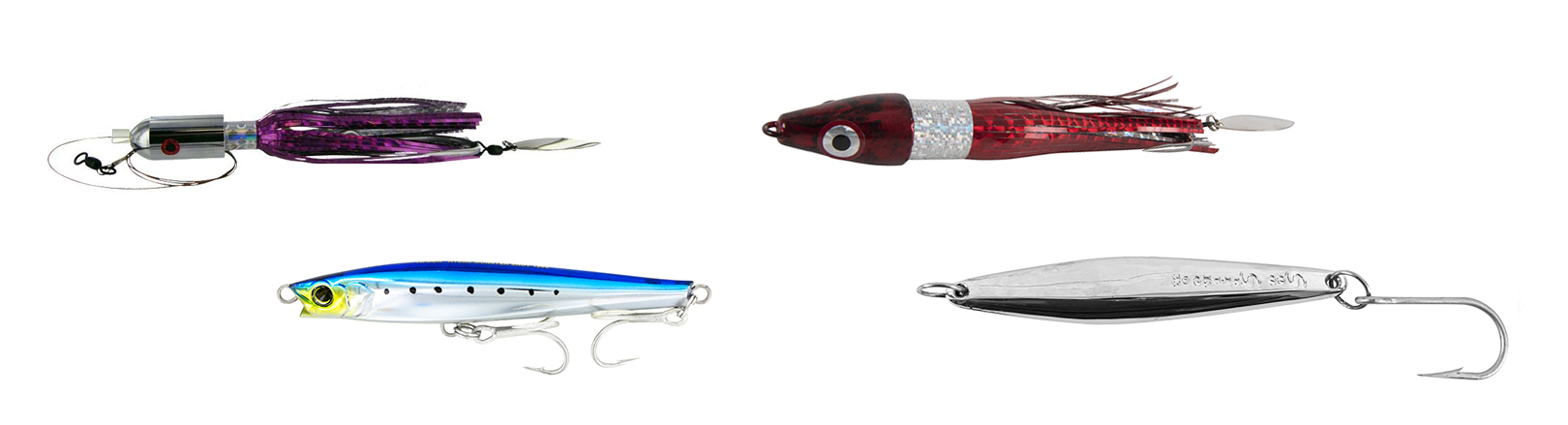 Four casting lures: a purple bullet-head lure with black spots and spinner blade, a red flat-faced lure with silver band and skirt, a blue and silver stickbait with trebles, and a silver metal jig with single hook.