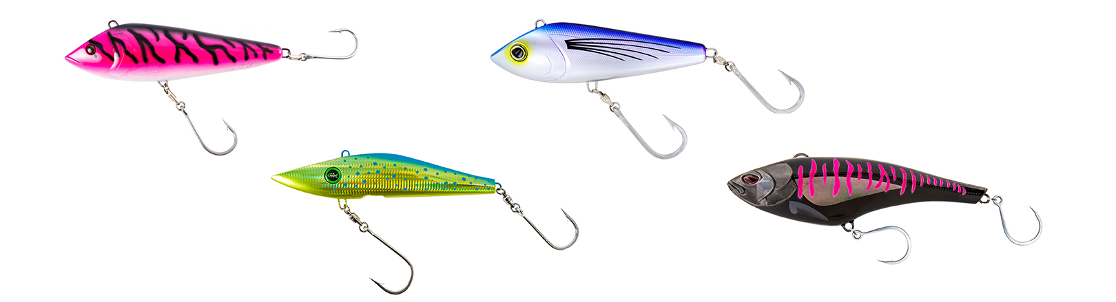 Four hard-bodied trolling lures with dual treble hooks, each in a distinct color pattern: pink with black stripes, blue and white, green with yellow spots, and black with pink ribs.