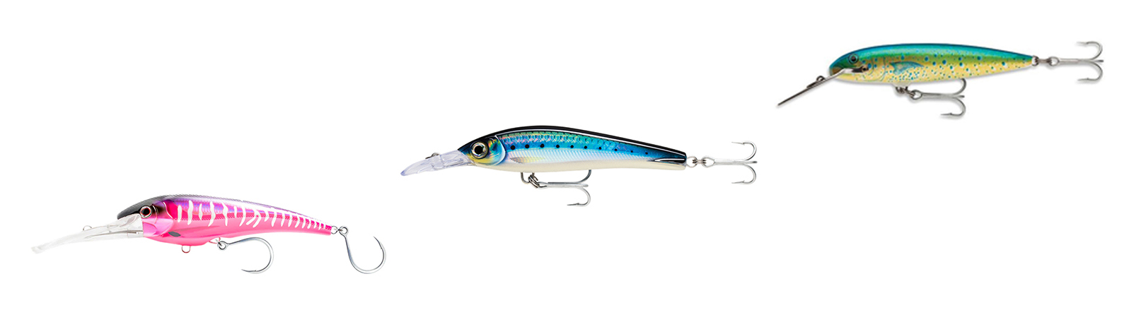 Three deep-diving fishing lures with plastic lips and treble hooks, shown in pink with white ribs, blue and silver with black spots, and green-yellow with blue speckles.