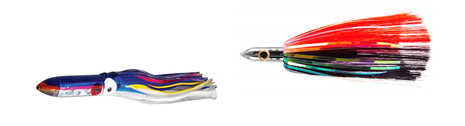 Two trolling skirted lures with bullet-shaped heads and flowing synthetic skirts. Left lure features blue, pink, yellow, red, and white; right lure has red, black, and holographic strands.