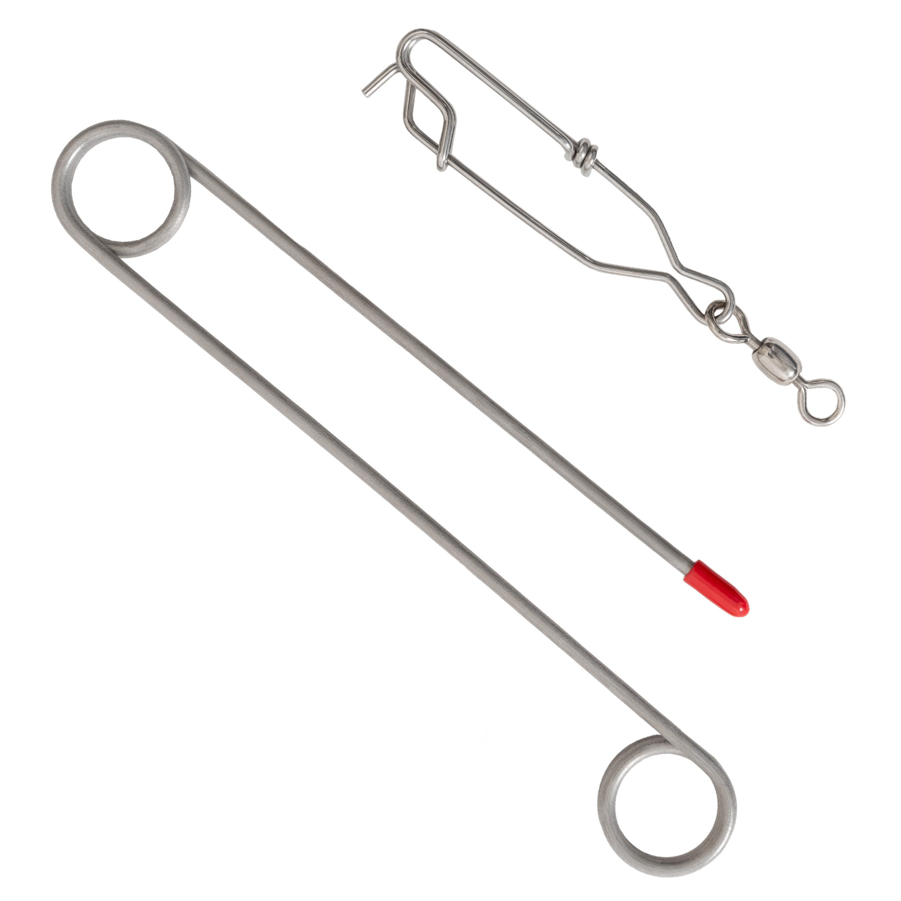 Diamond Fish Saver Release Device shown on white background, featuring a bent stainless steel wire with circular ends and a red tip, alongside a metal clip swivel attachment.