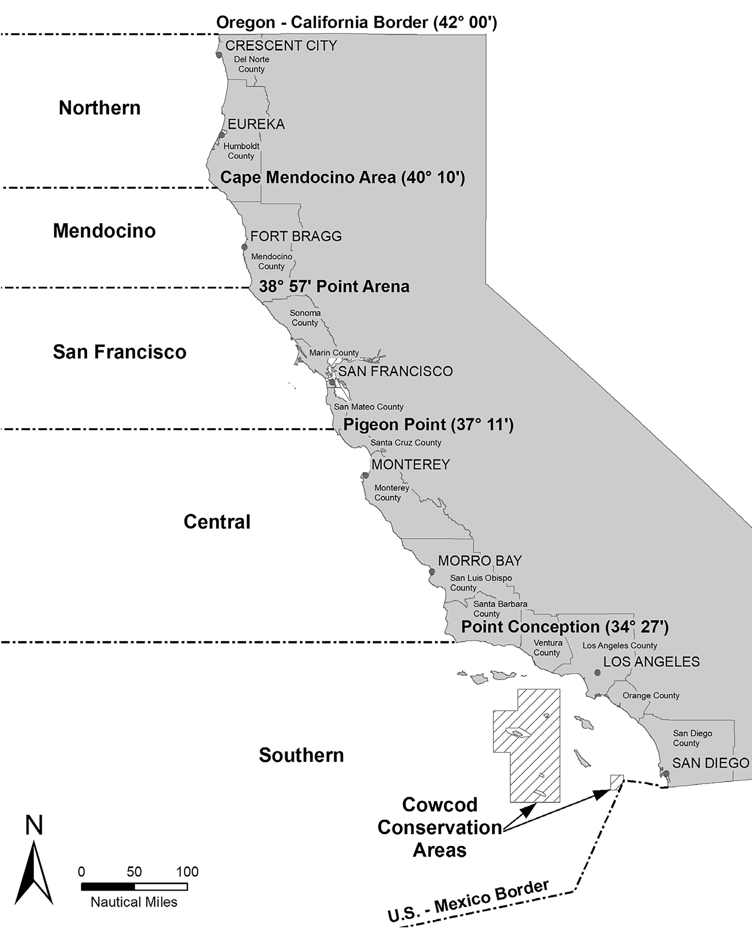 Seasonal Groundfish Map showing California&rsquo;s coastal management areas. Full boundary details provided in the caption below.