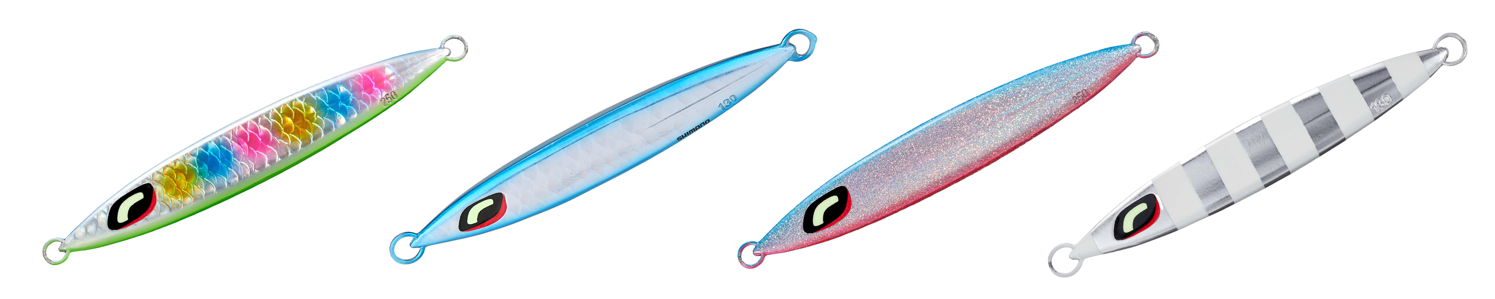 Four Shimano Sardine Waver fishing lures in different color patterns displayed on a white background.