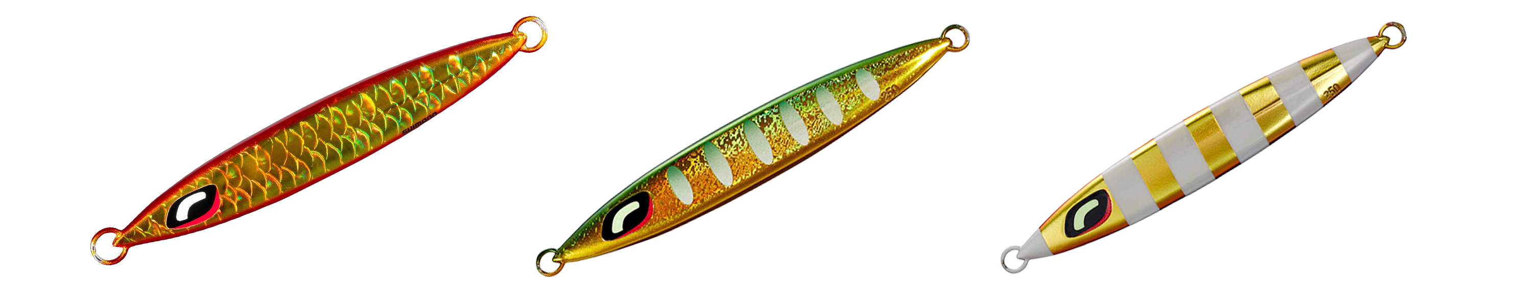 Three Shimano Sardine Waver fishing lures in different color patterns displayed on a white background.