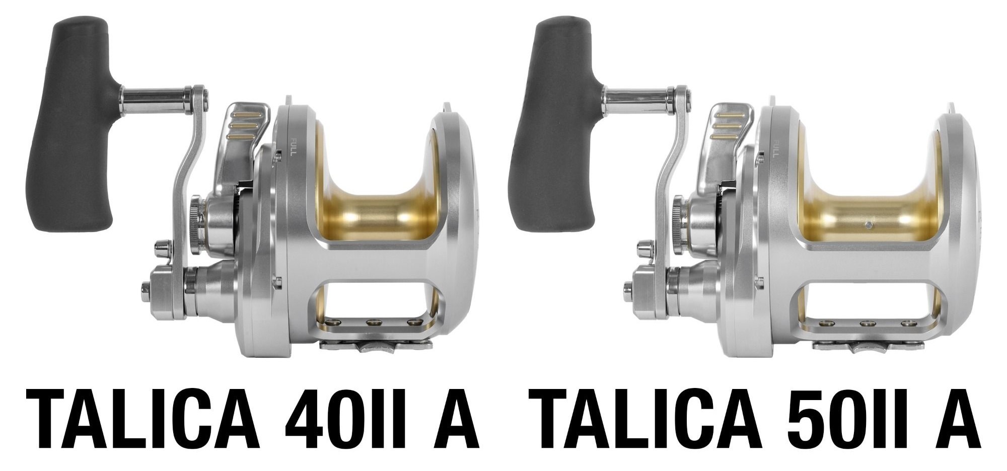 "TALICA 40II A" and "TALICA50II A" in black text with both silver-colored reels next to each other. The 40IIA has a narrower spool, while the 50IIA is wider.