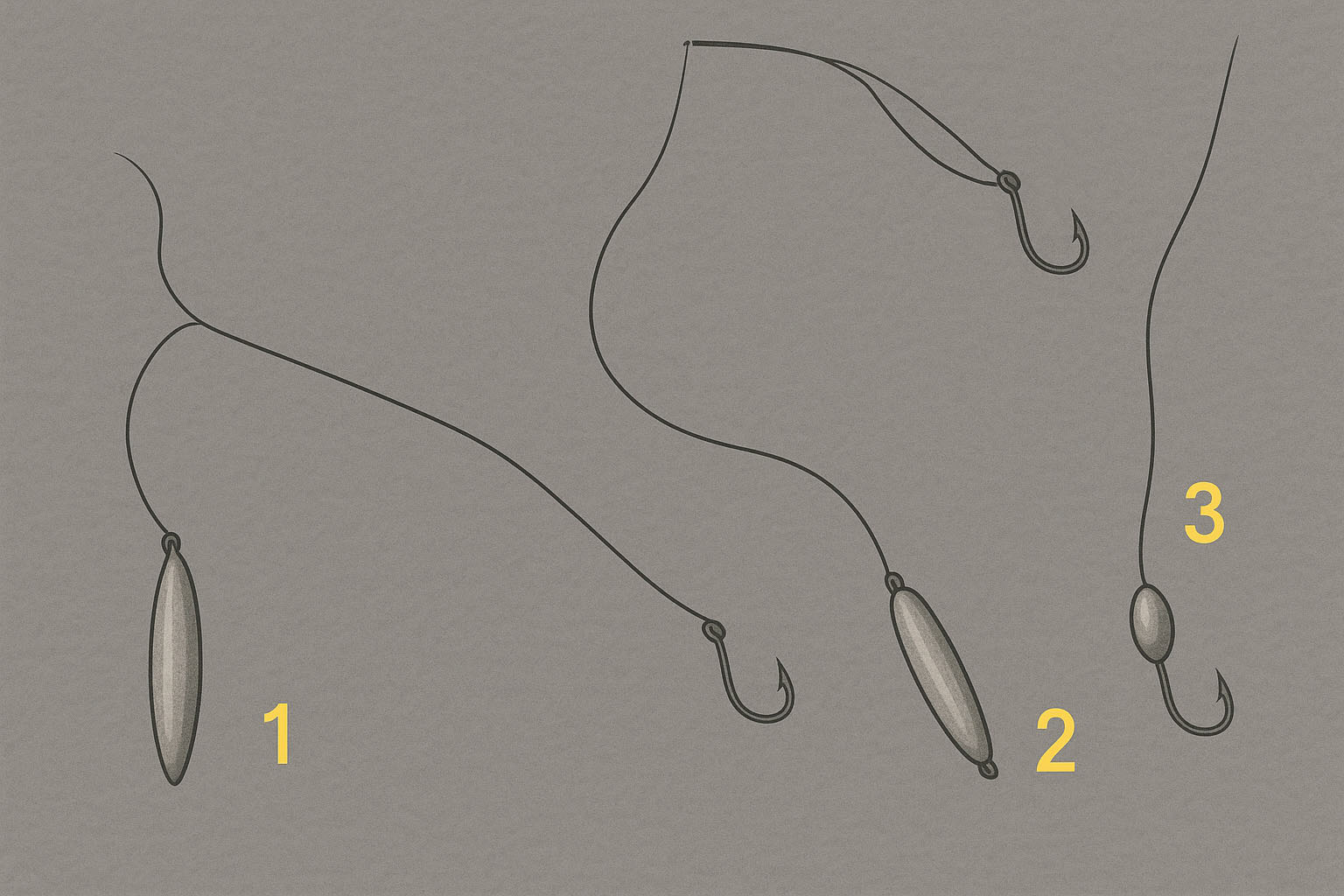 Illustration of three fishing rig setups on a gray background. Each rig is numbered and shows a hook and sinker configuration: sliding sinker (1), dropper loop (2), and weighted hook (3).