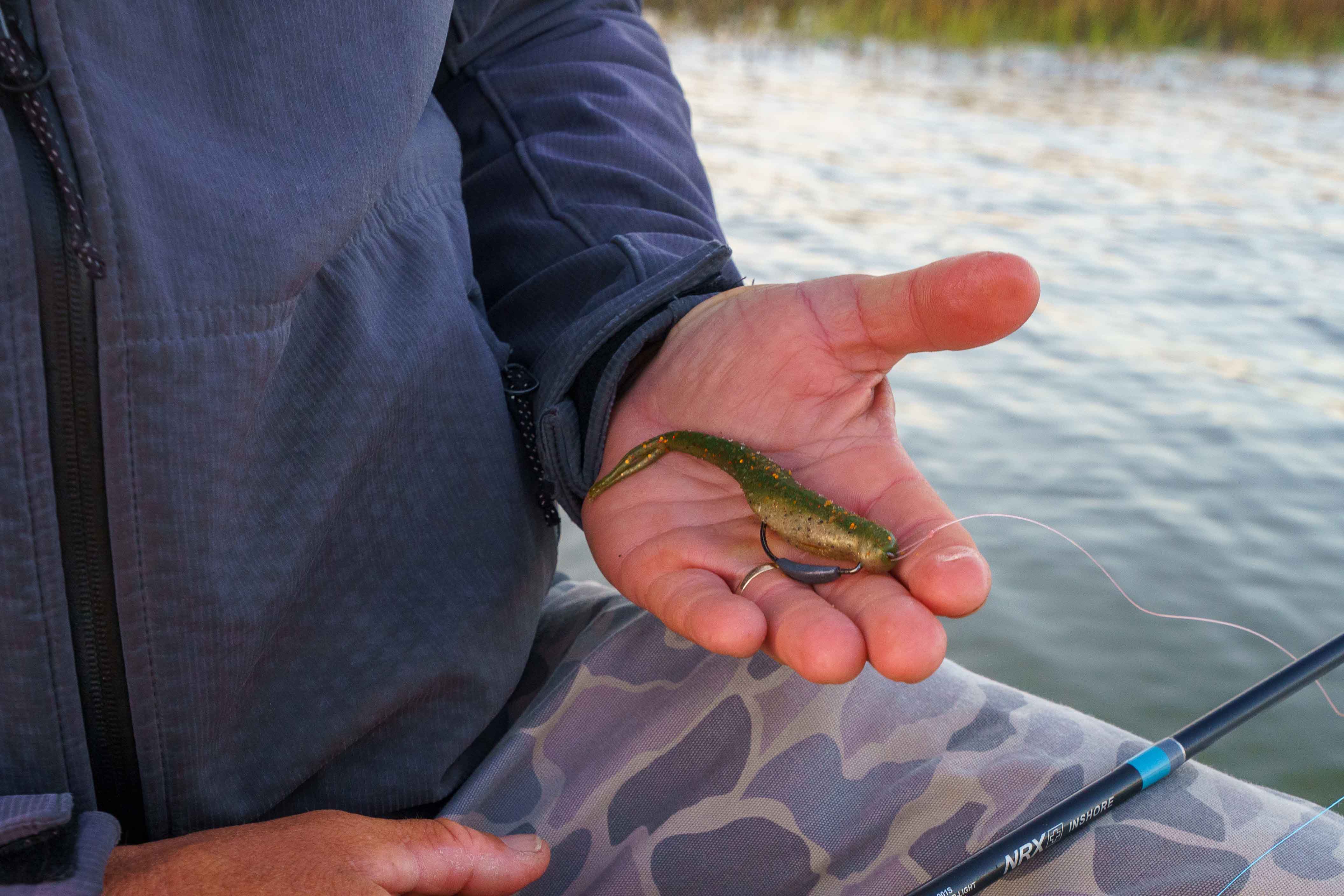 Angler holding a rigged Z-Man soft plastic swimbait while fishing in shallow coastal water from a kayak or skiff.