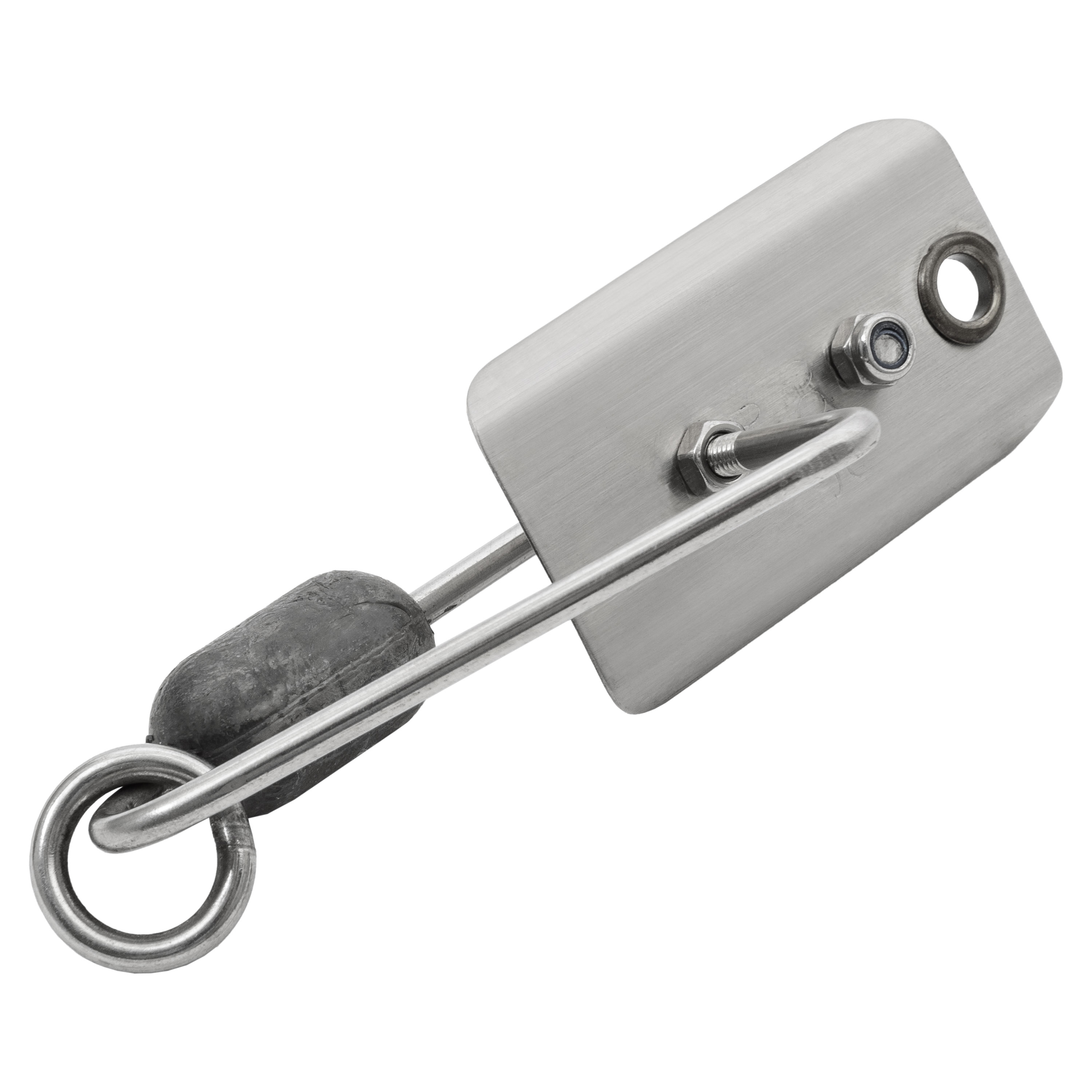 Silver-colored metal planer with flat rectangular blade, wire loop arm, and cylindrical black weight attached. Features a circular hole and two bolts on the blade.