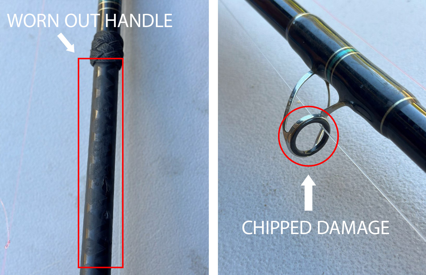 Left image - black rod handle with red box outline around it with "WORN OUT HANDLE" and arrow in white pointing at it. Right image - Rod guide with red circle outline around it with "CHIPPED DAMAGE" and arrow in white pointing at it.