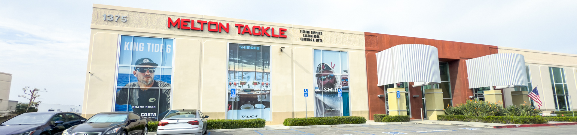 Melton Tackle Anaheim storefront with large MELTON TACKLE sign above entrance and visible branding on windows. Several cars parked in front.