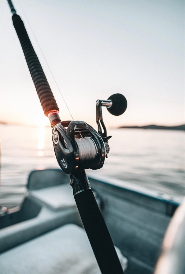 A Daiwa Lexa baitcasting reel is attached to a casting rod. It is spooled with white line. The background is blurry and shows the sun rising above the water.
