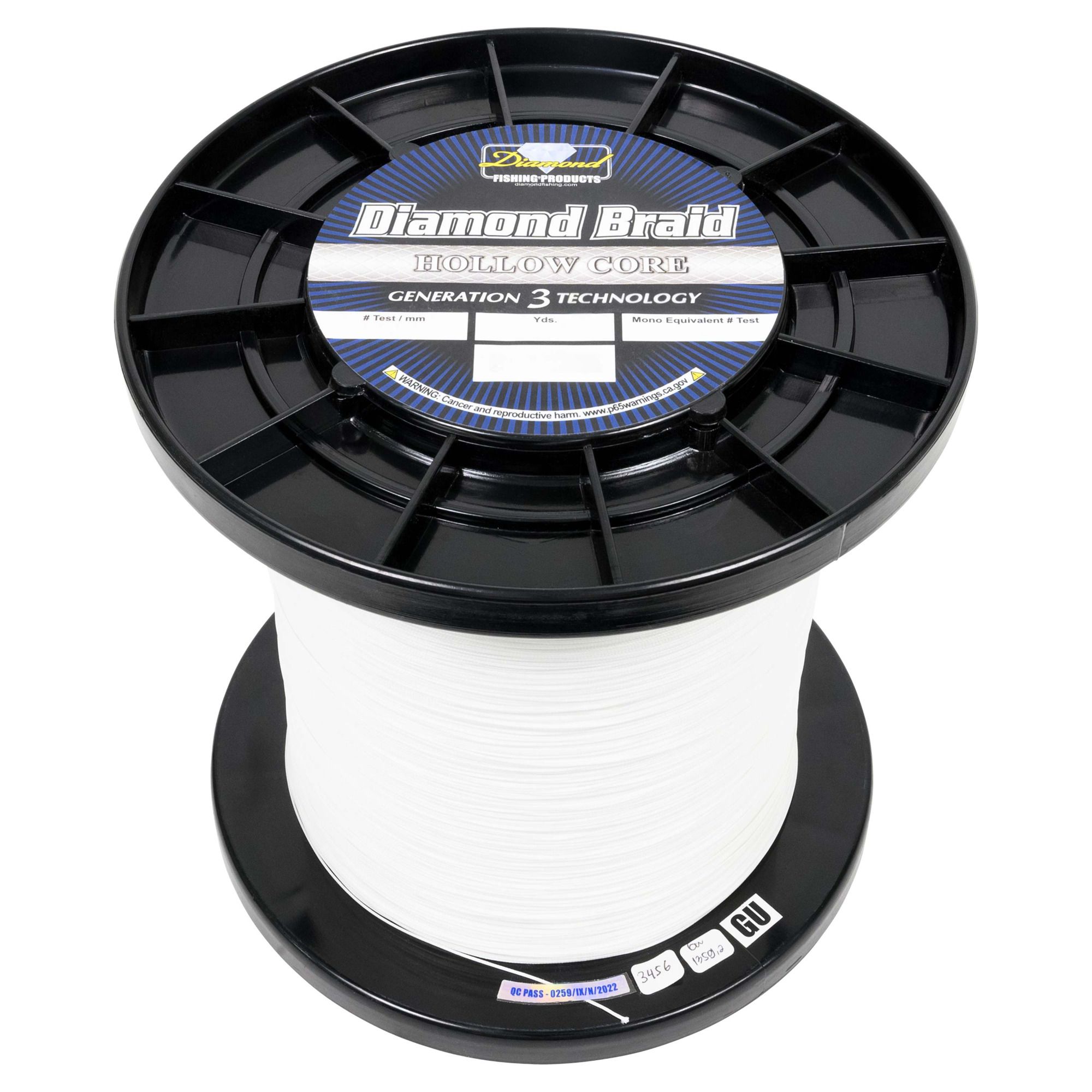 Large spool of white Diamond Braid Generation 3 hollow core fishing line with 16-carrier construction, black base and label detailing product specs.