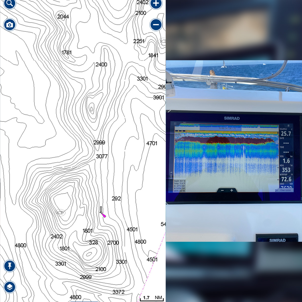 Two images. On the left, a Fishing chart with depth contours and numbers indicating the depth. On the right, a Sonar reading showing Tuna readings. SIMRAID can be seen branded on the screen.
