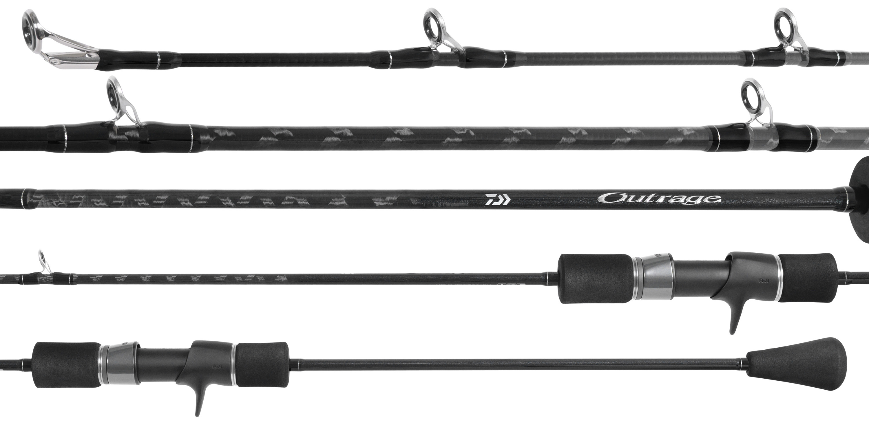 Daiwa Outrage casting rod shown in multiple views, featuring a black patterned blank with silver-colored guides facing up, Outrage logo, split black foam handle, and trigger reel seat.