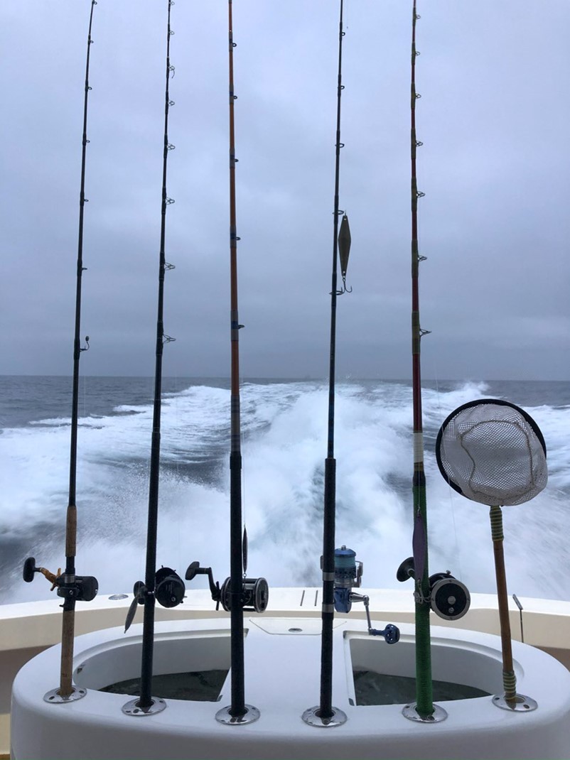5 rods with different reels are secured in rod holders. The six rod holder slot on the right holds a net. Behind, there are waves from the wake of the boat. The day is dark and gloomy