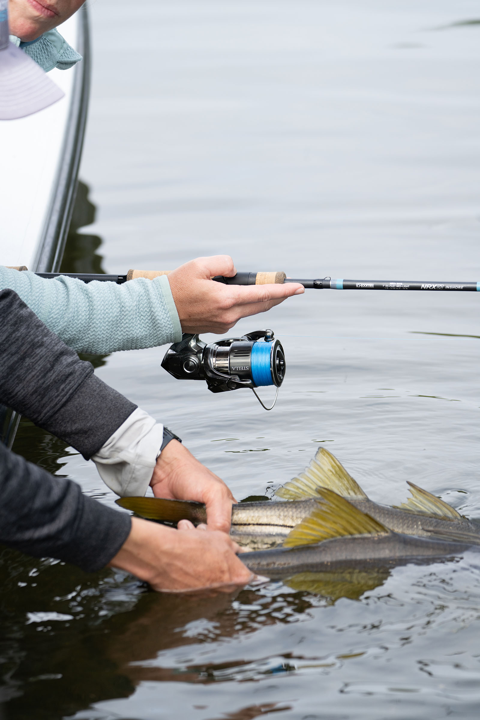 A person is holding two green fish by their tails in the water.