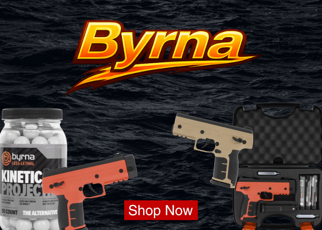 Bryna banner with kinetic projectiles, orange and tan launchers, carrying case, and Shop Now button on a dark textured background.