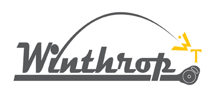WINTHROP logo. Stylized WINTHROP text with a curved fishing line arcing over the word and a small reel graphic at the end.