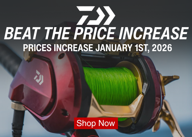 Beat the price increase&mdash;prices increase January 1st, 2026. Shop Now. Background shows a close-up of a red Daiwa fishing reel with bright green line.