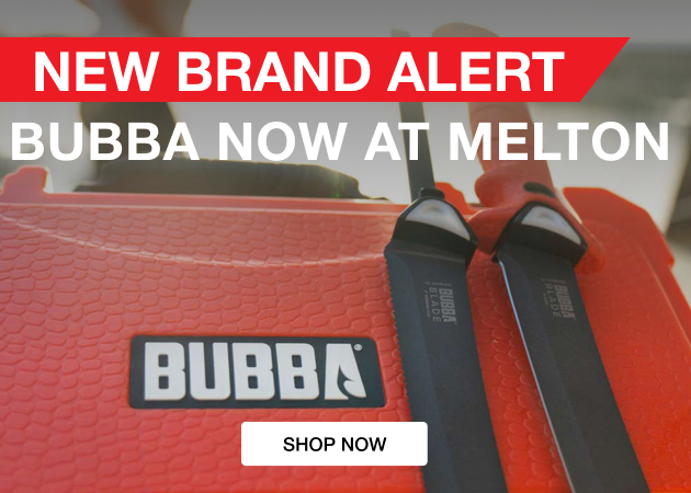 Red promotional graphic with two black knives on a red BUBBA case, text NEW BRAND ALERT in white text, BUBBA NOW AT MELTON in white text, and SHOP NOW in black text.