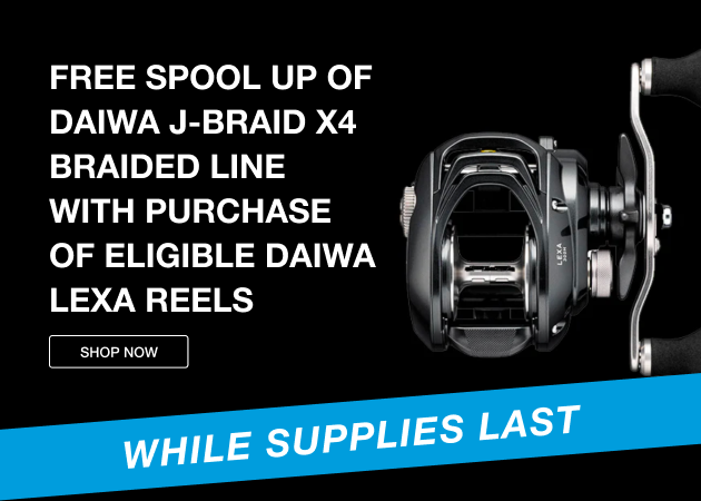 Promotional banner for Daiwa Lexa reels offering a free spool of Daiwa J-Braid X4 braided line with the purchase of eligible Daiwa Lexa reels, while supplies last. Features a Daiwa Lexa fishing reel and a Shop Now button.
