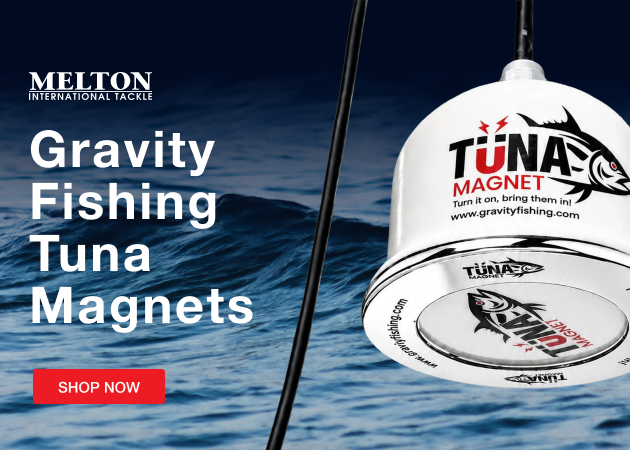 Melton International Tackle Gravity Fishing Tuna Magnets promotional graphic featuring a white TUNA MAGNET device over ocean waves with a Shop Now button.