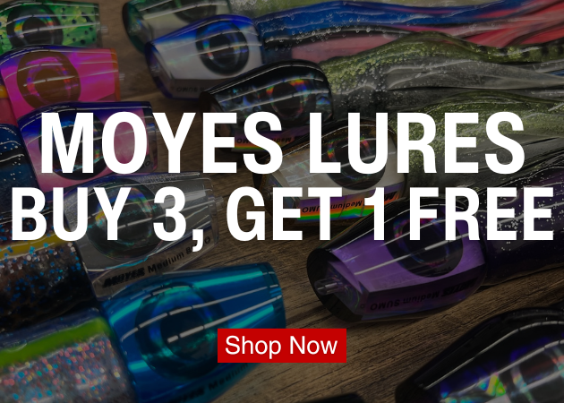Assorted colorful trolling lures arranged on a wooden surface with large white text MOYES LURES BUY 3, GET 1 FREE and a red button showing text Shop Now