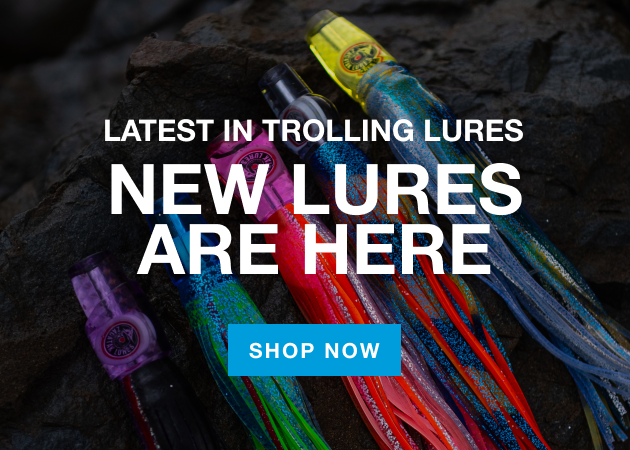 Latest in trolling lures. Colorful trolling fishing lures displayed on rocks with promotional text New Lures Are Here and a Shop Now call-to-action button.