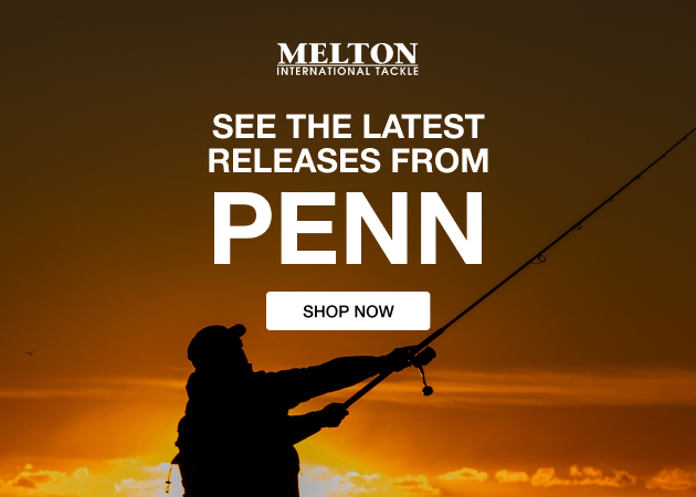 PENN promotional banner showing the silhouette of a person fishing at sunset with a fishing rod extending across the image and a Shop Now button below the PENN logo.