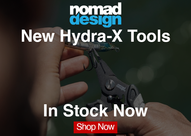 New Hydra-X Tools from Nomad Design in stock now. Shop Now button. Background shows hands using pliers to hold a fishing lure.