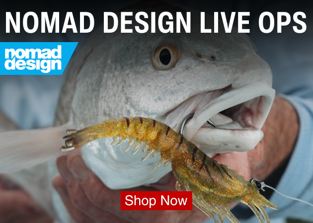 NOMAD DESIGN LIVE OPS. nomad design. Shop Now. Background shows a close-up of a person holding a fish with a shrimp-style lure in its mouth.