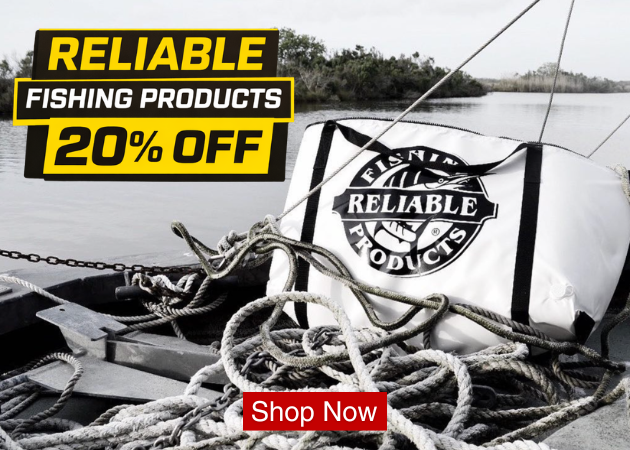 Reliable Fishing Products sale banner with Reliable Fishing Products 20 percent off text, displayed over a scene of a white Reliable Fishing Products bag on a boat deck surrounded by coiled rope with water and shoreline in the background and red shop now button with white text