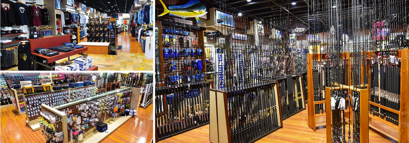 This image shows several sections of the Melton Tackle Anaheim store. The top left section shows apparel in various colors. The bottom left shows hooks and other accessories. The right shows racks of fishing rods. A dorado fish is displayed in the top.