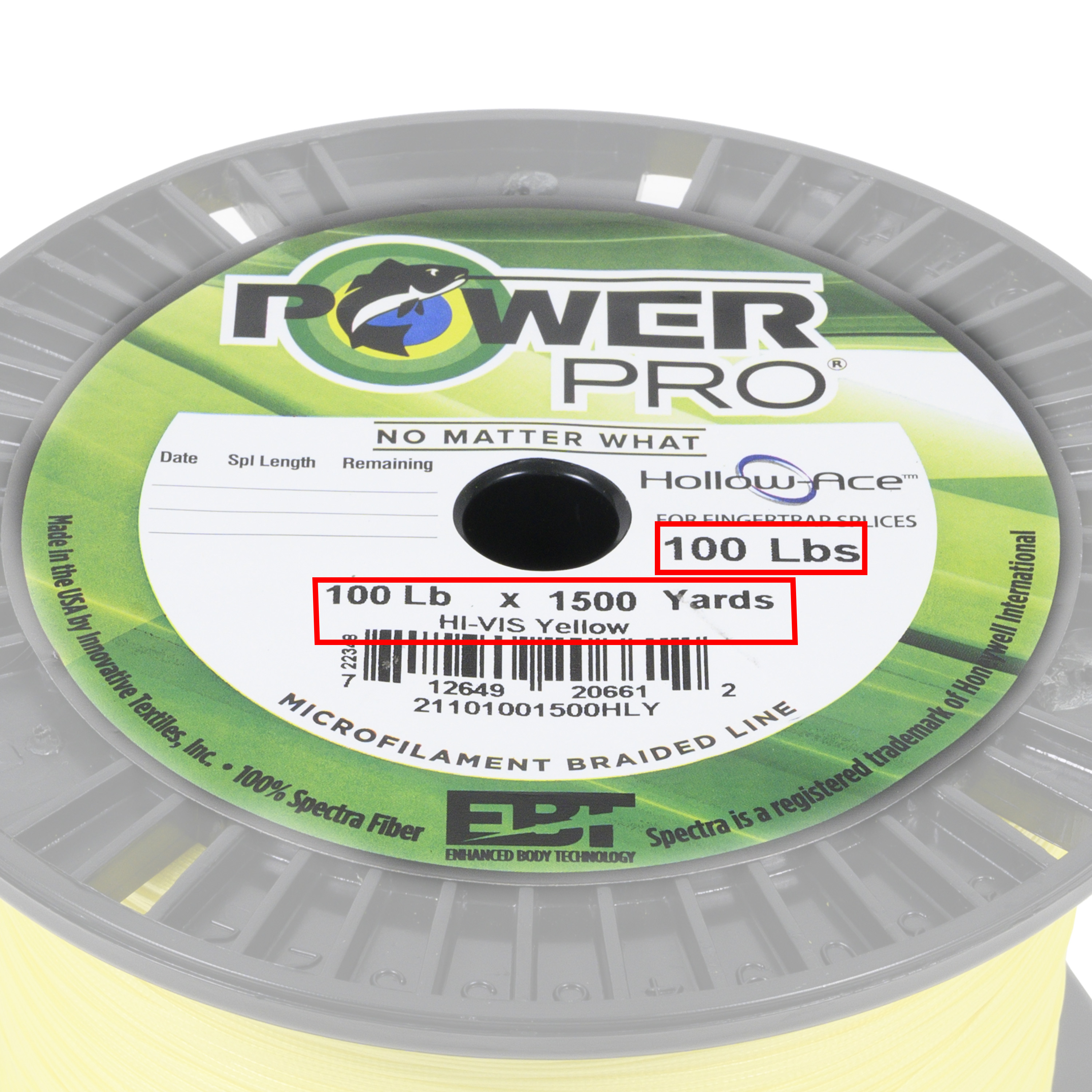 Close-up of PowerPro Hollow-Ace Spectra line spool label showing specs: 100 lb test, 1500 yards, Hi-Vis Yellow. Label includes logo and braid type details.