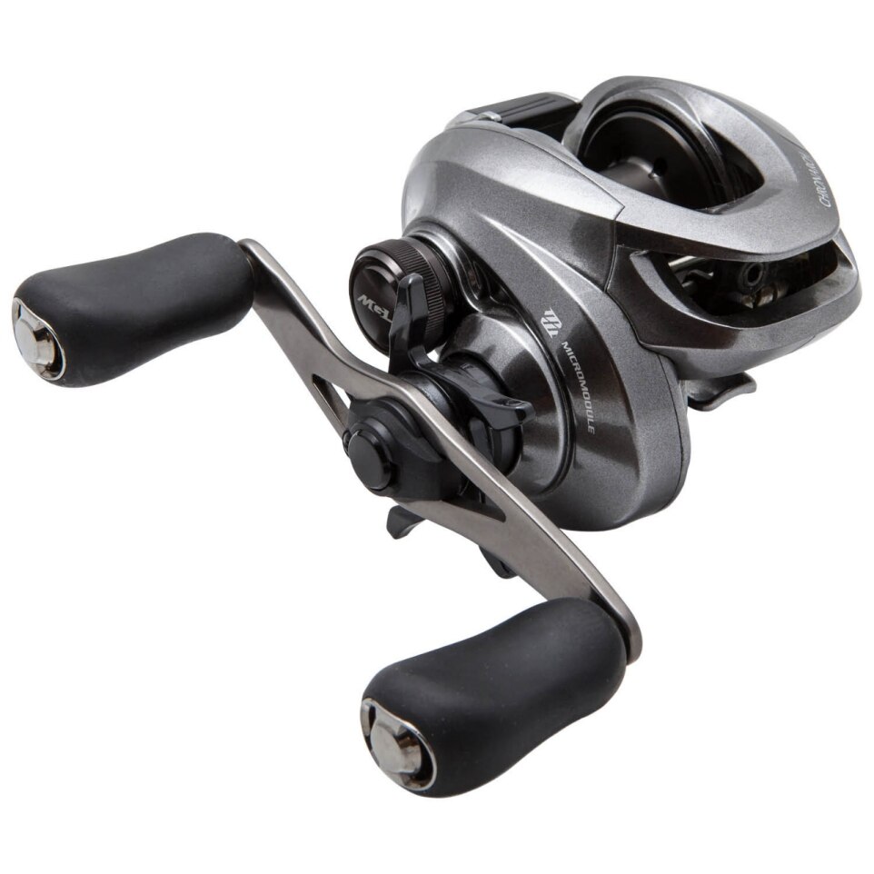 Shimano Chronarch Baitcasting Reel has a gray body. The handles, star drag and spool are black.