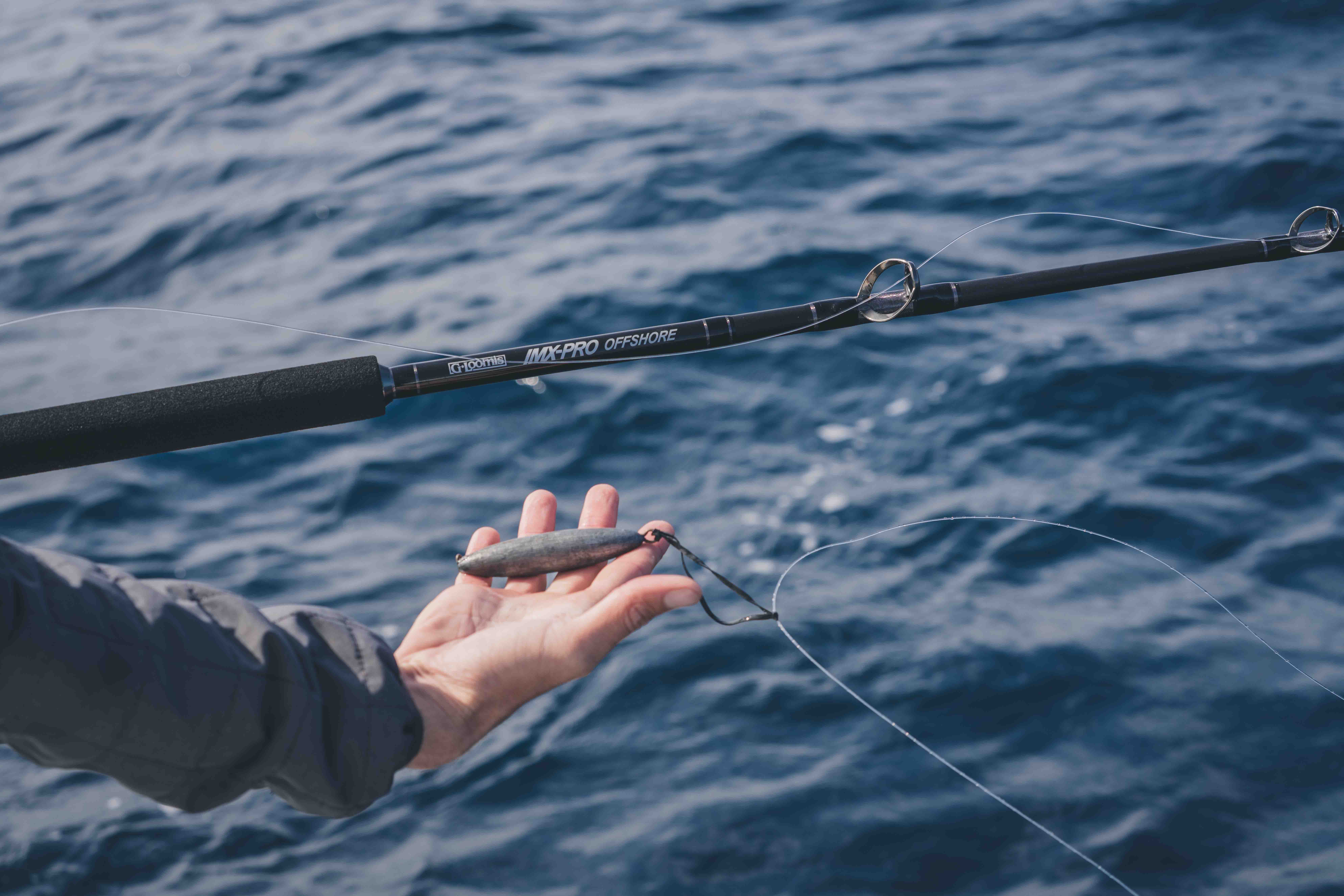 A hand holds a sinker weight attached to fishing line beside a G. Loomis IMX-PRO OFFSHORE fishing rod, with ocean water visible in the background and the rod text "G. Loomis IMX-PRO OFFSHORE" on the blank.