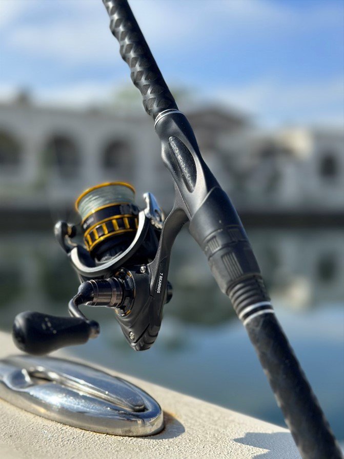 A black rod leans on the side of a boat. A yellow Daiwa BG spinning reel is attached. The background is blurry, but shows a white building near the water.