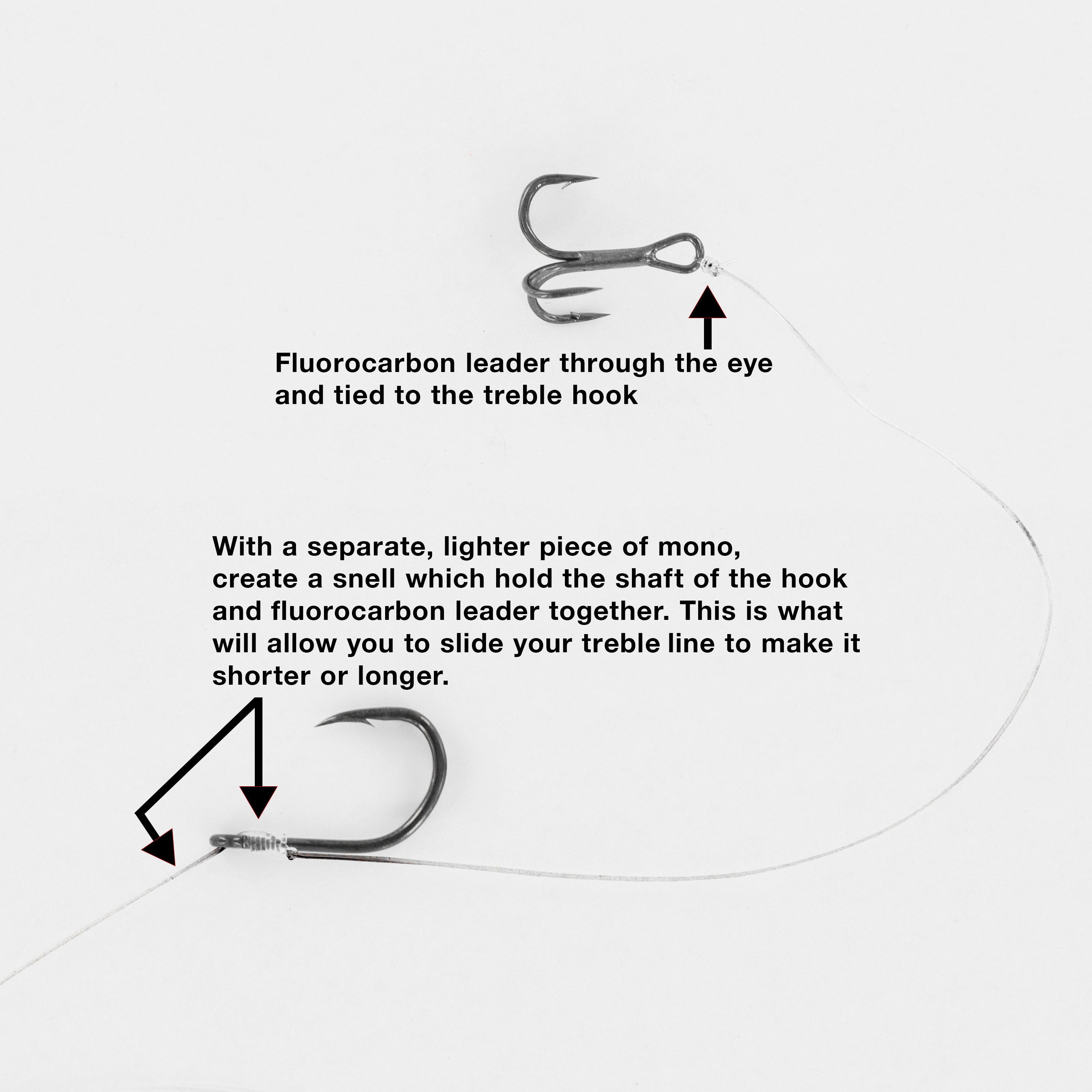 Image showing a silver-colored treble hook connected with clear leader to a single hook with black text and arrows pointing to connection points for leader. Please view image caption for more information.